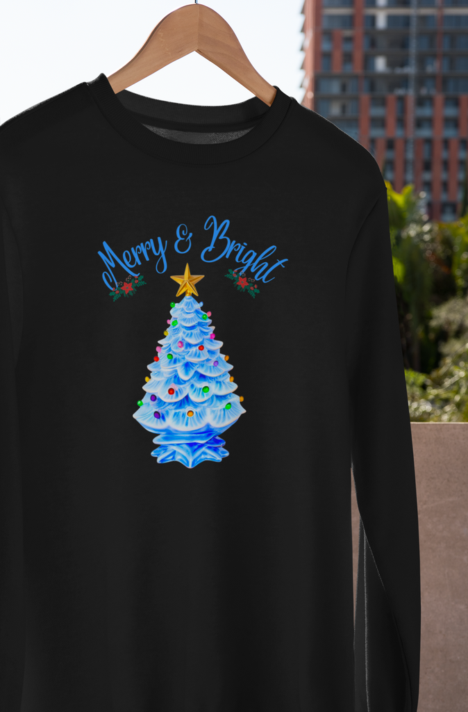 Merry and Bright Blue Ceramic Christmas Tree Sweatshirt
