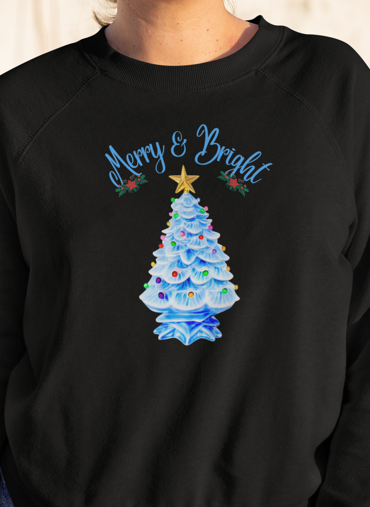 Merry and Bright Blue Ceramic Christmas Tree Sweatshirt