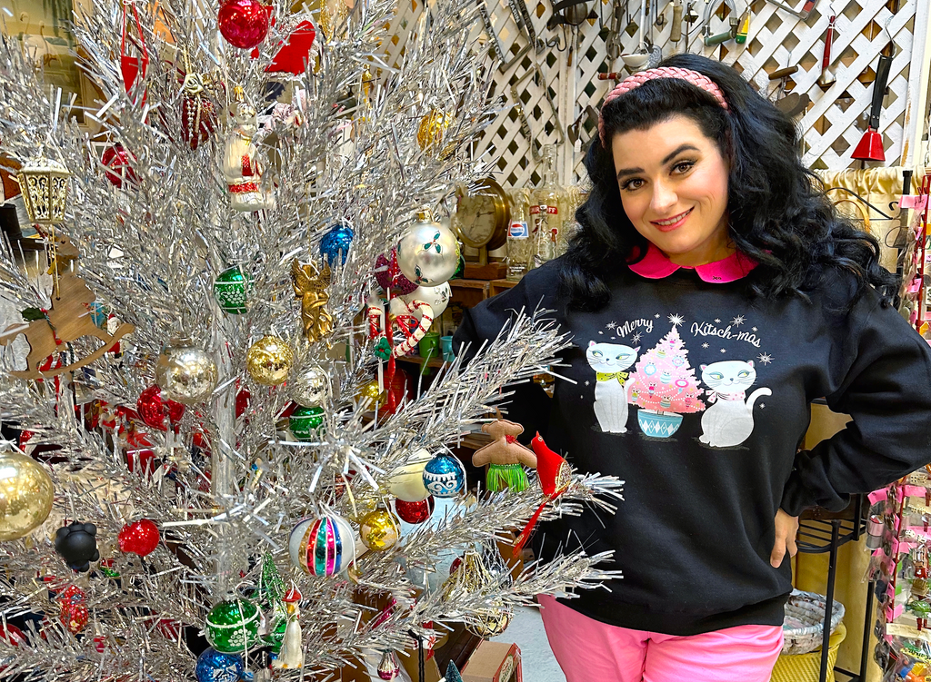 Vintage Holt Howard Cozy Kittens Merry Kitschmas Pink Christmas Tree Crewneck Sweatshirt