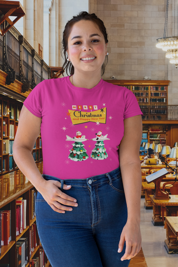 Blast Off to Christmas: Santa & Mrs. Claus's Retro Rocket Adventure Pink T-Shirt