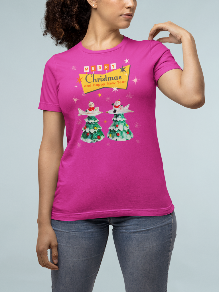 Blast Off to Christmas: Santa & Mrs. Claus's Retro Rocket Adventure Pink T-Shirt