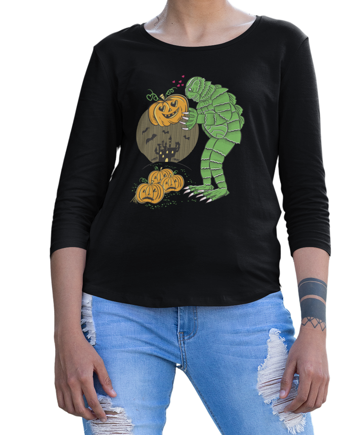 Trick or Treat Halloween Creature 3/4 Long Sleeve Black Ladies T-Shirt