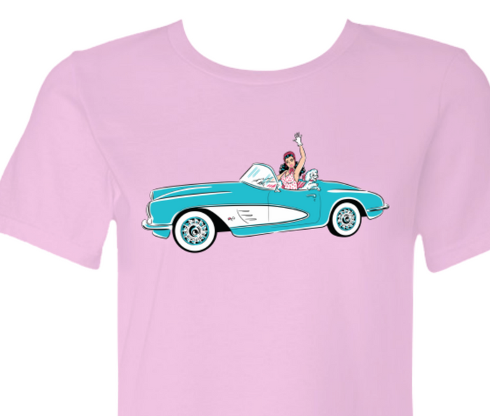 1950s Corvette Car Ladies Pink T-Shirt Vintage-Style Automotive Tee Mid-Century
