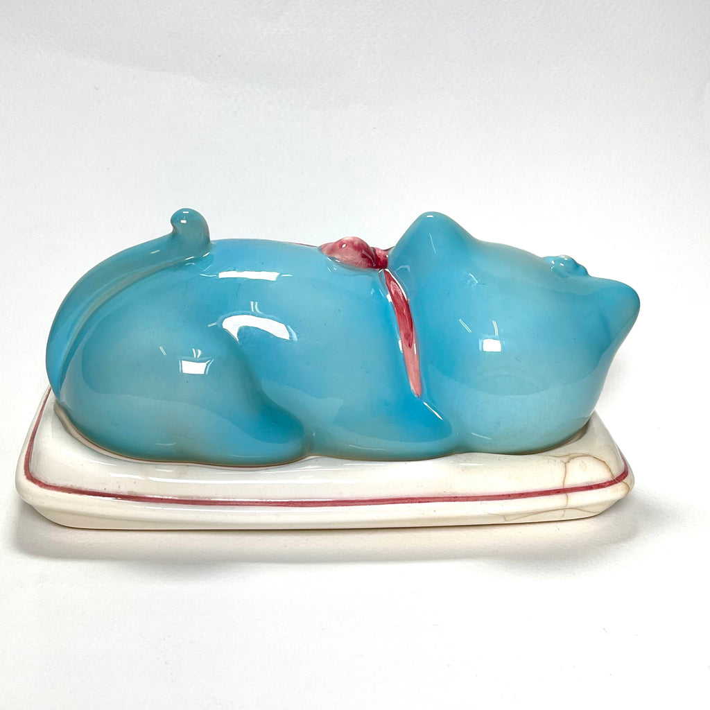 Vintage Anthropomorphic Norcrest Blue Cat Butter Dish RARE 1950s Japan Kitsch