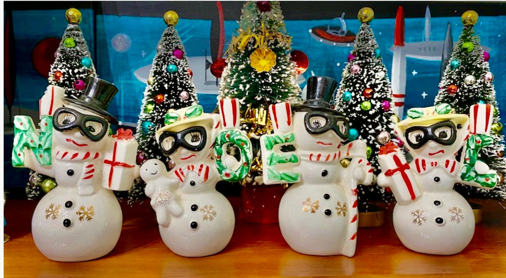 Vintage Christmas Ceramic Ski Goggle Mr & Mrs Snowman Noel Candle Holders