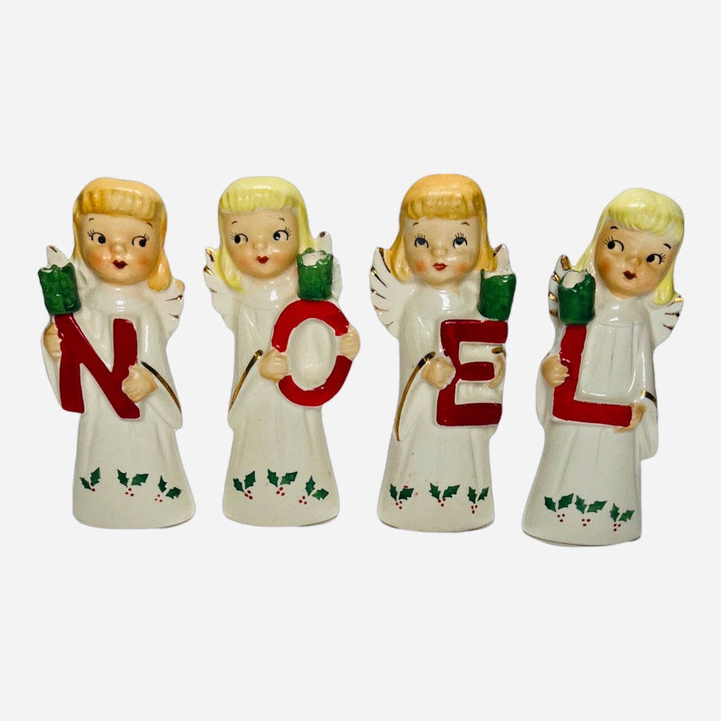 Vintage NOEL Angel Holly Norcrest Girls Christmas Candleholders JAPAN Lefton 1950s Figurines Napco