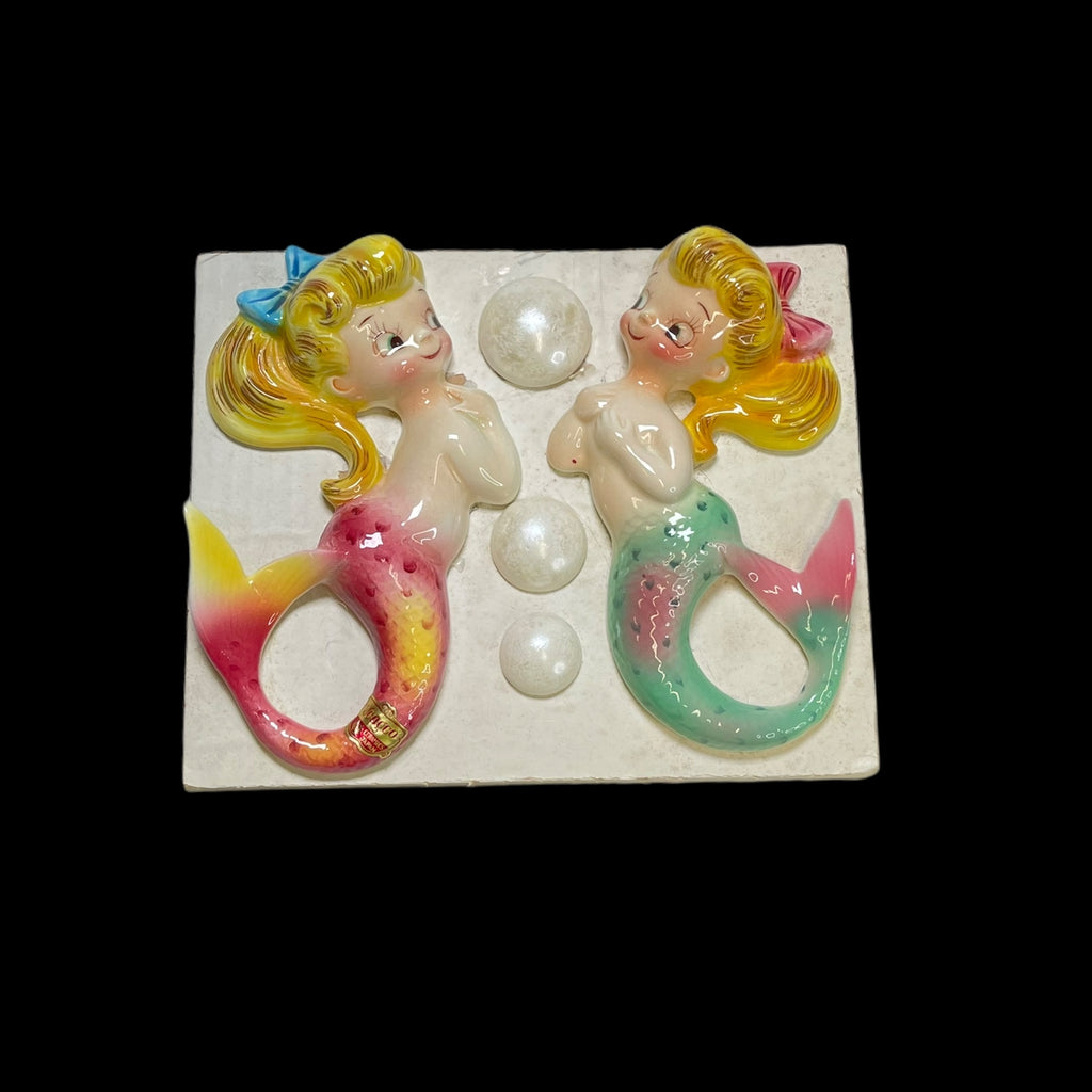 Vintage PY Ucagco Mermaid Wall Plaques 2 Pair Girls with Bubbles with Original Box 1950s