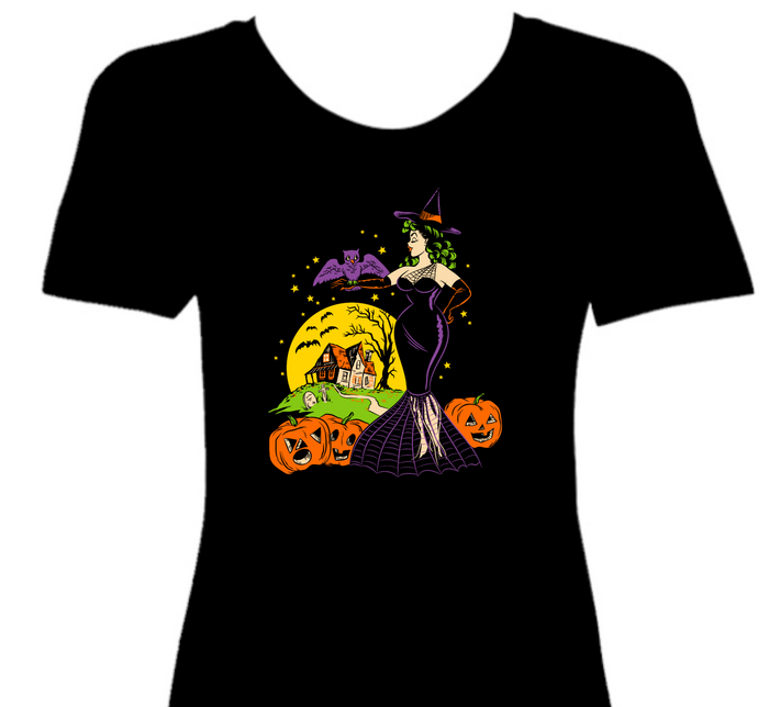 Pinup Halloween Retro Witch with Bat and Haunted House