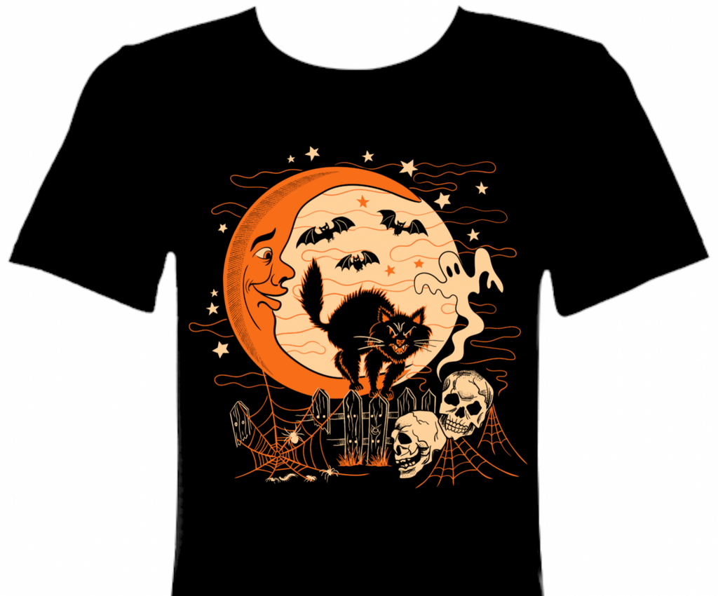 Retro Fall and Halloween Moonlight Black Cat and Skulls T-Shirt