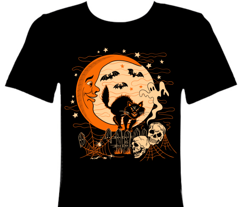 Retro Fall and Halloween Moonlight Black Cat and Skulls T-Shirt