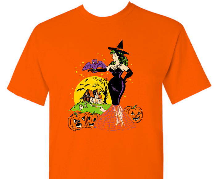 Retro Halloween Pinup Witch with Bat and Haunted House