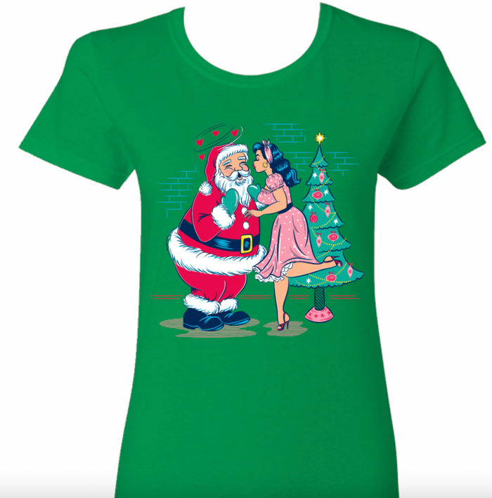 A Kiss for Santa Claus Christmas Pinup Rockabilly T-Shirt