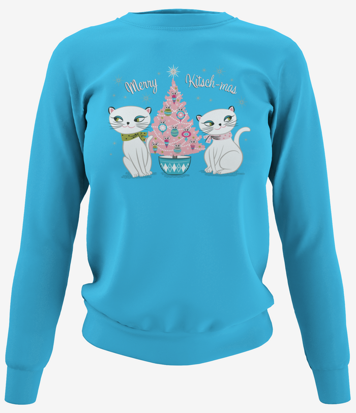 Vintage Holt Howard Cozy Kittens Merry Kitschmas Pink Christmas Blue Crewneck Sweatshirt