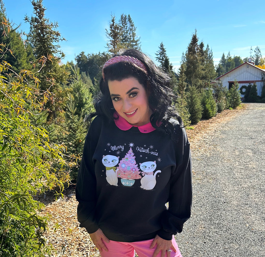 Vintage Holt Howard Cozy Kittens Merry Kitschmas Pink Christmas Tree Crewneck Sweatshirt