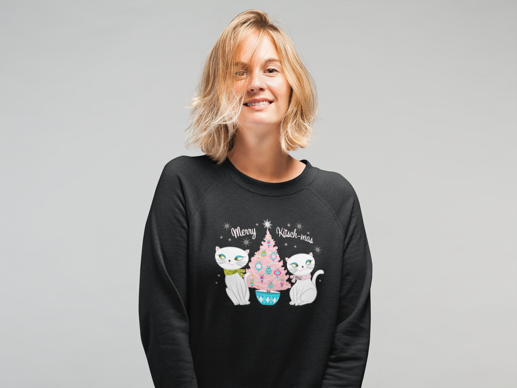 Vintage Holt Howard Cozy Kittens Merry Kitschmas Pink Christmas Tree Crewneck Sweatshirt