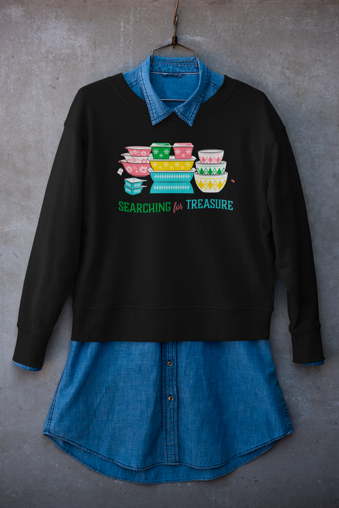 Vintage Pyrex Searching for Treasure SWEATSHIRT Pink Flannel Flowers Dotted Diamonds Turquoise Spears and Snowflakes Black Sweatshirt
