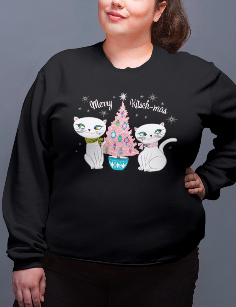 Vintage Holt Howard Cozy Kittens Merry Kitschmas Pink Christmas Tree Crewneck Sweatshirt