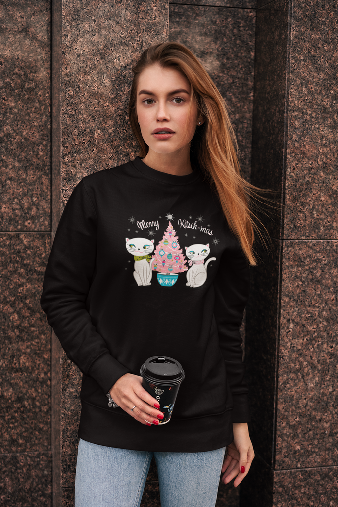 Vintage Holt Howard Cozy Kittens Merry Kitschmas Pink Christmas Tree Crewneck Sweatshirt