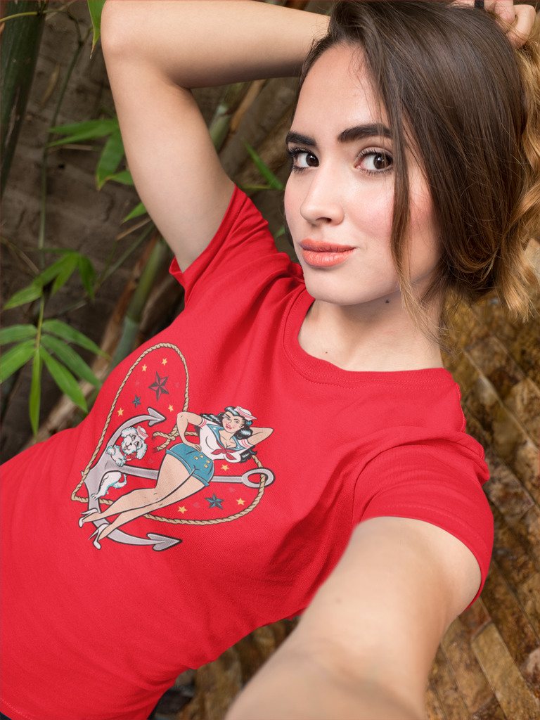 Vintage Style Nautical Seaside Sailor Pinup Girl Red T-Shirt