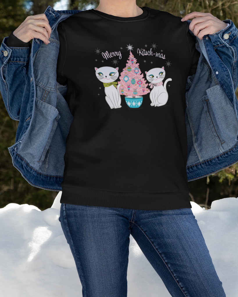 Vintage Holt Howard Cozy Kittens Merry Kitschmas Pink Christmas Tree Crewneck Sweatshirt