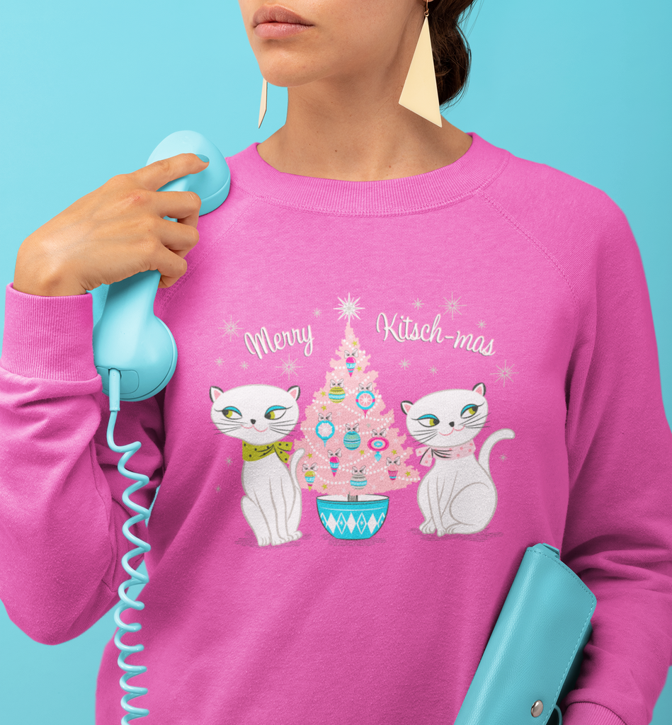 Vintage Holt Howard Cozy Kittens Merry Kitschmas Christmas Pink Crewneck Sweatshirt