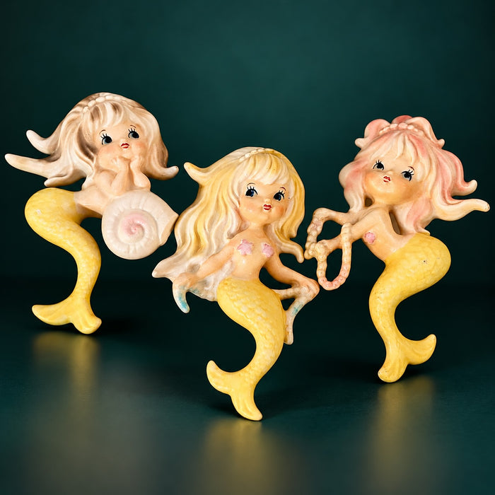 Vintage Lefton Mermaid Wall Plaques Rare Set of 3 Pink Yellow MCM Japan Kitsch Retro Bathroom