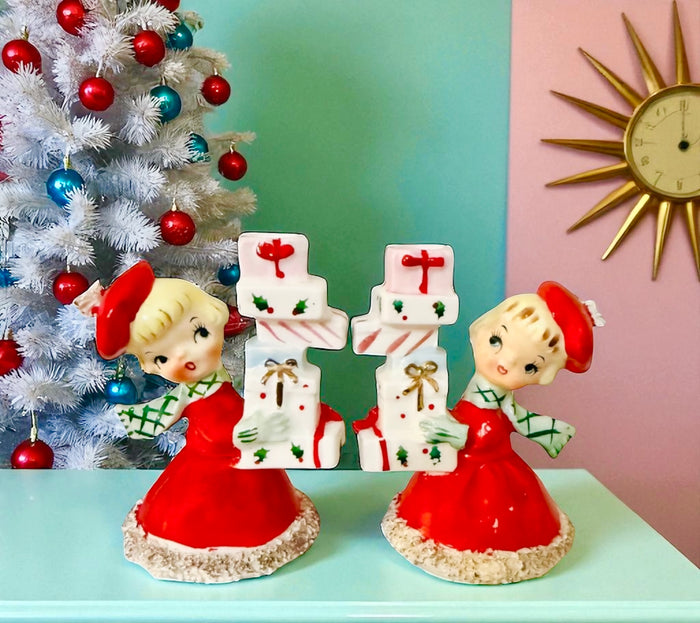 Vintage Holt Howard 1959 Christmas Shopper Girl Candleholders Japan MCM