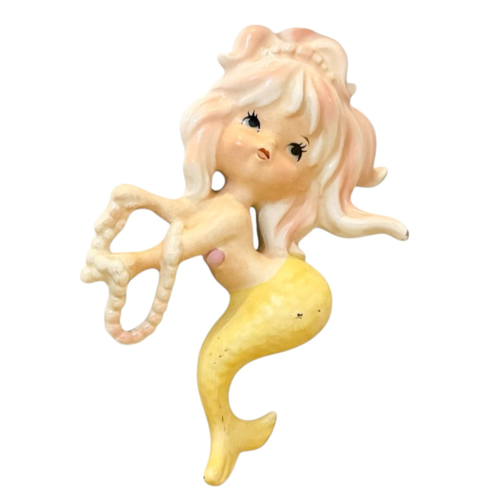 Vintage Lefton Mermaid Wall Plaques Rare Set of 3 Pink Yellow MCM Japan Kitsch Retro Bathroom