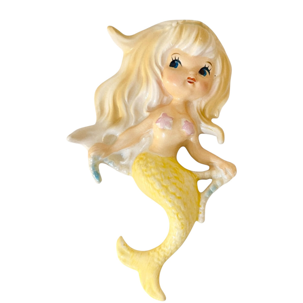 Vintage Lefton Mermaid Wall Plaques Rare Set of 3 Pink Yellow MCM Japan Kitsch Retro Bathroom