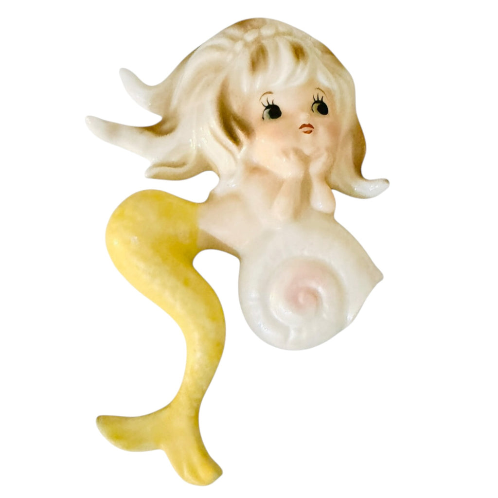 Vintage Lefton Mermaid Wall Plaques Rare Set of 3 Pink Yellow MCM Japan Kitsch Retro Bathroom