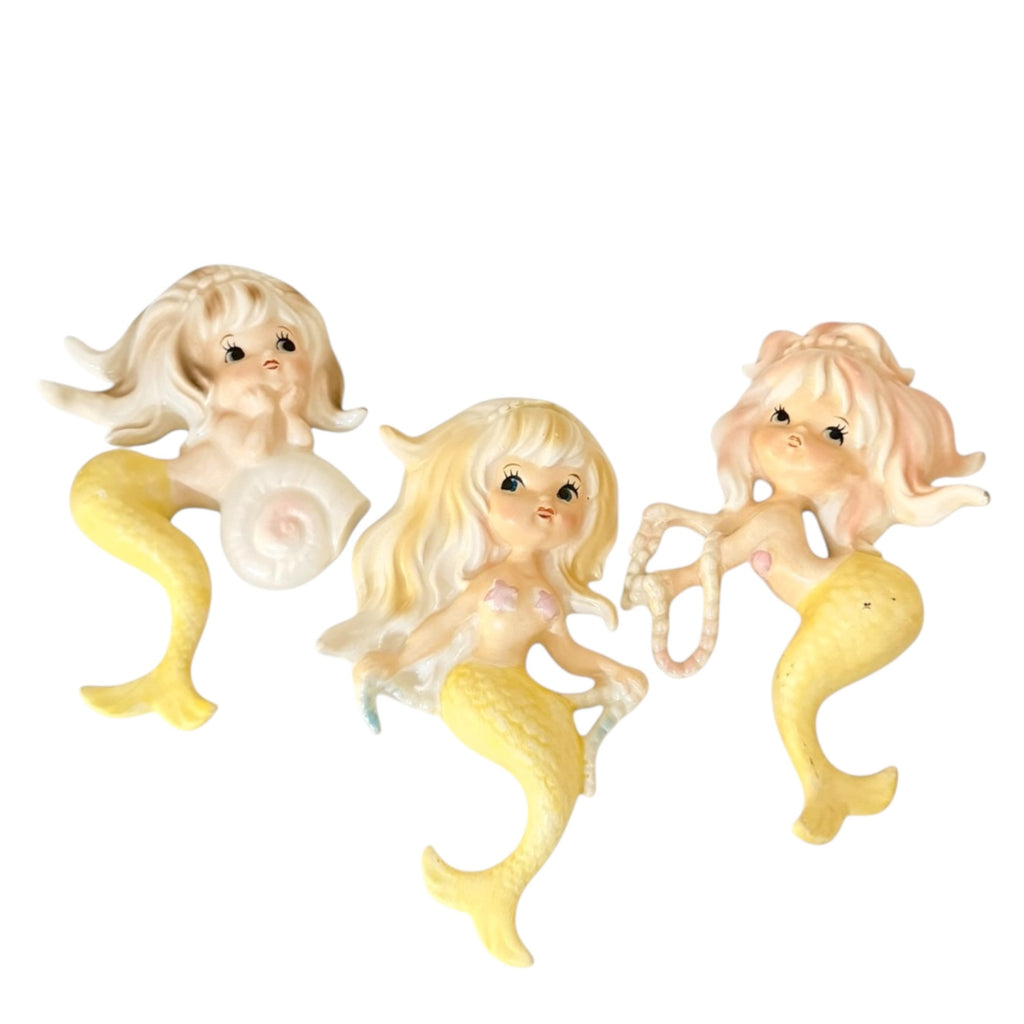 Vintage Lefton Mermaid Wall Plaques Rare Set of 3 Pink Yellow MCM Japan Kitsch Retro Bathroom