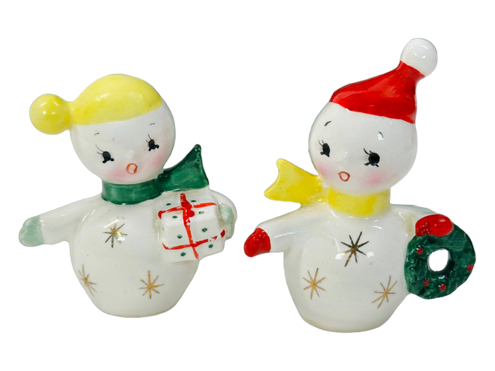 Vintage Norcrest Christmas Atomic Snowman Couple Salt & Pepper Shakers 1950s MCM Japan Kitsch