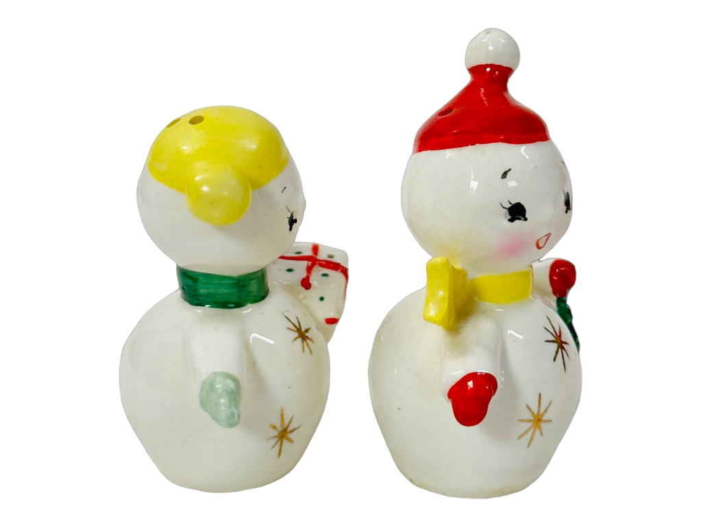 Vintage Norcrest Christmas Atomic Snowman Couple Salt & Pepper Shakers 1950s MCM Japan Kitsch