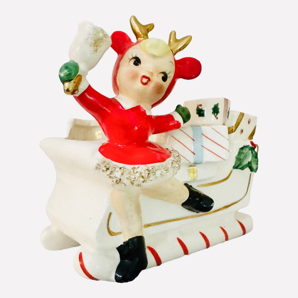 Vintage Christmas Relpo Rubens Skater Girl Reindeer Candy Cane Planter Sleigh Japan