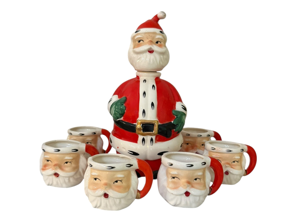 Vintage Lefton Christmas Santa Decanter & Mini Santa Mug Shot Glasses 1950s Japan MCM Set