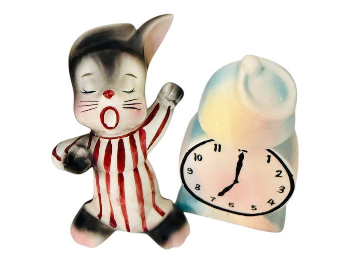 Vintage PY Enesco Japan Sleepy Bunny Rabbit Clock Salt and Pepper Shakers Japan MCM