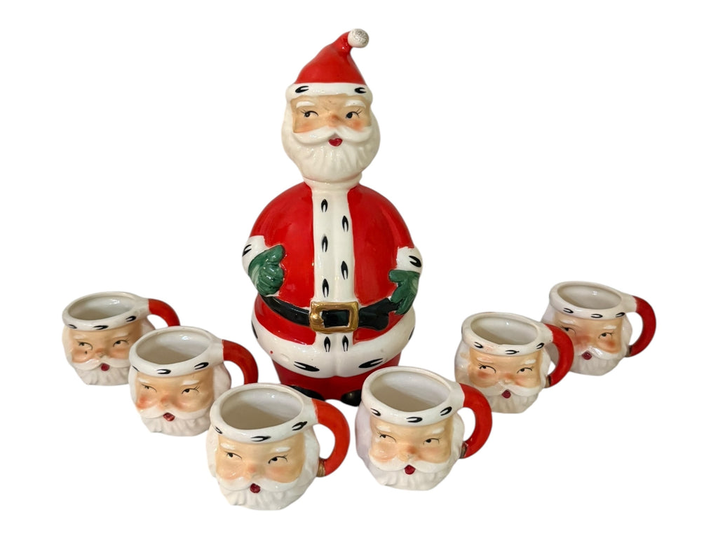 Vintage Lefton Christmas Santa Decanter & Mini Santa Mug Shot Glasses 1950s Japan MCM Set