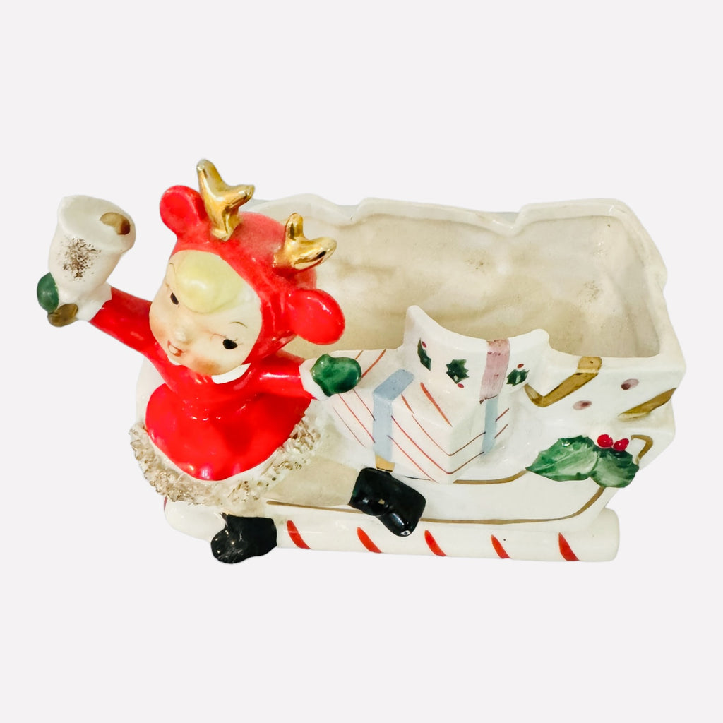 Vintage Christmas Relpo Rubens Skater Girl Reindeer Candy Cane Planter Sleigh Japan