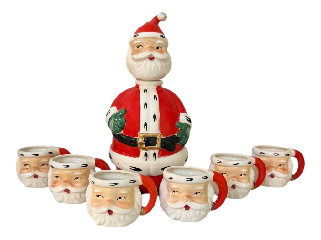 Vintage Lefton Christmas Santa Decanter & Mini Santa Mug Shot Glasses 1950s Japan MCM Set