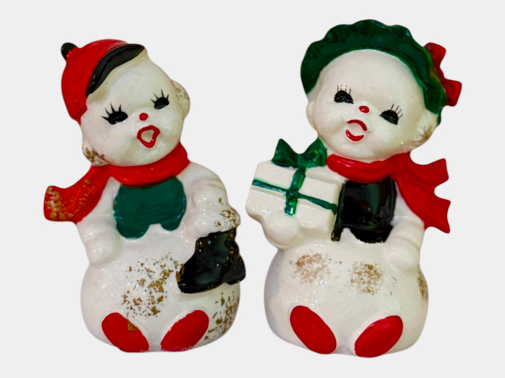 Vintage Napco Christmas Snowman Mr & Mrs Salt and Pepper Shakers Figurines Japan MCM 1950s