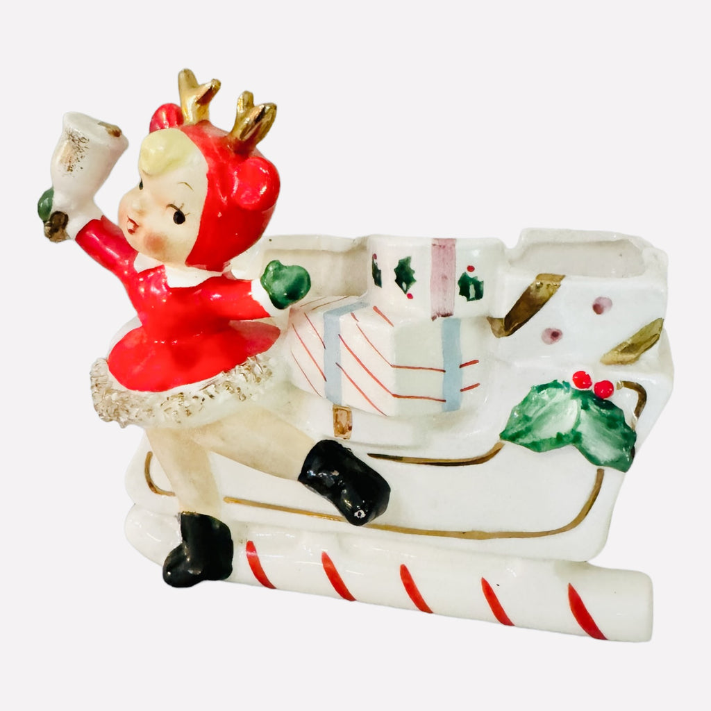 Vintage Christmas Relpo Rubens Skater Girl Reindeer Candy Cane Planter Sleigh Japan