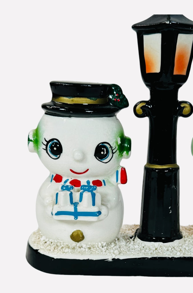 Vintage Holt Howard Blume Japan Christmas Snowman Couple Light Post 1950s MCM Kitsch Figurine