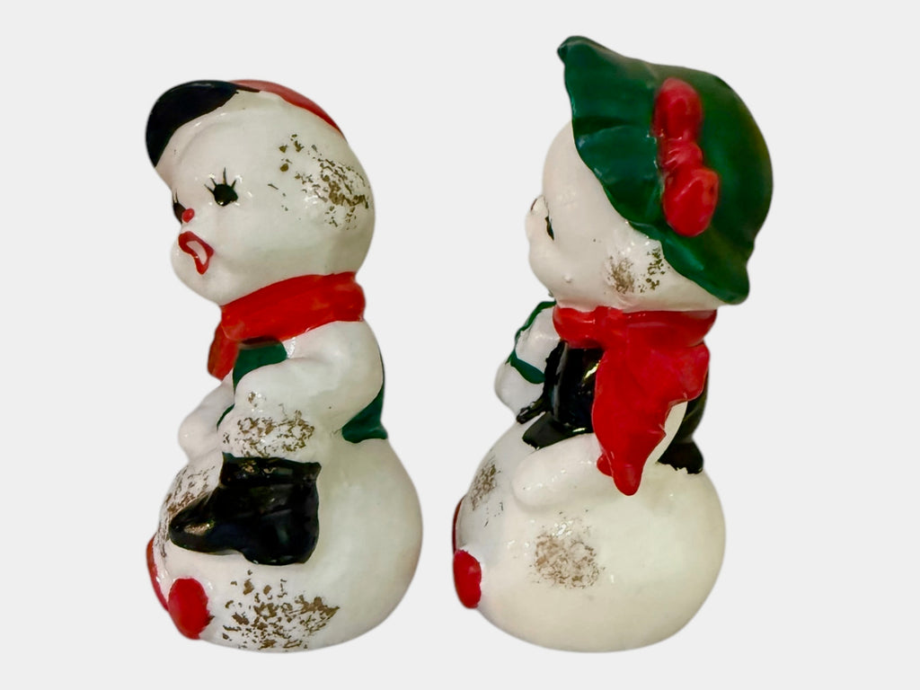 Vintage Napco Christmas Snowman Mr & Mrs Salt and Pepper Shakers Figurines Japan MCM 1950s