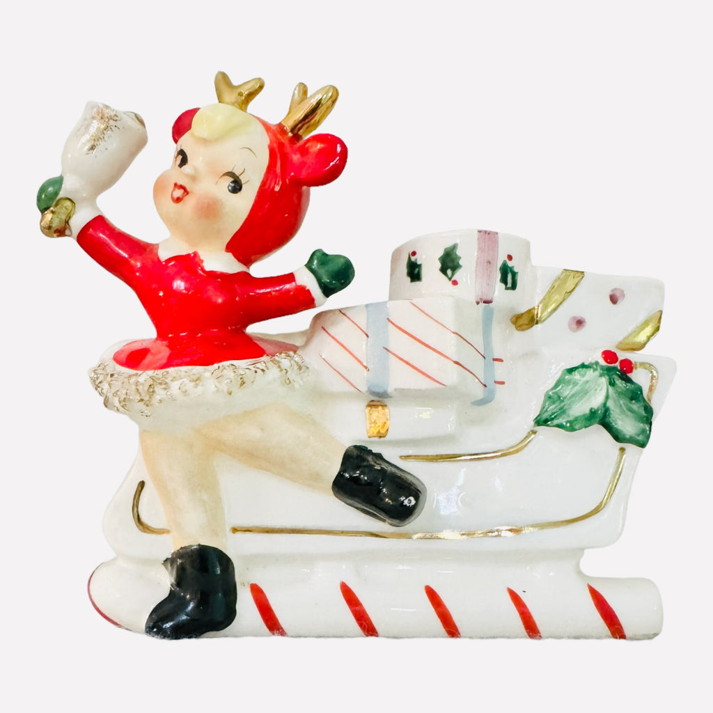 Vintage Christmas Relpo Rubens Skater Girl Reindeer Candy Cane Planter Sleigh Japan