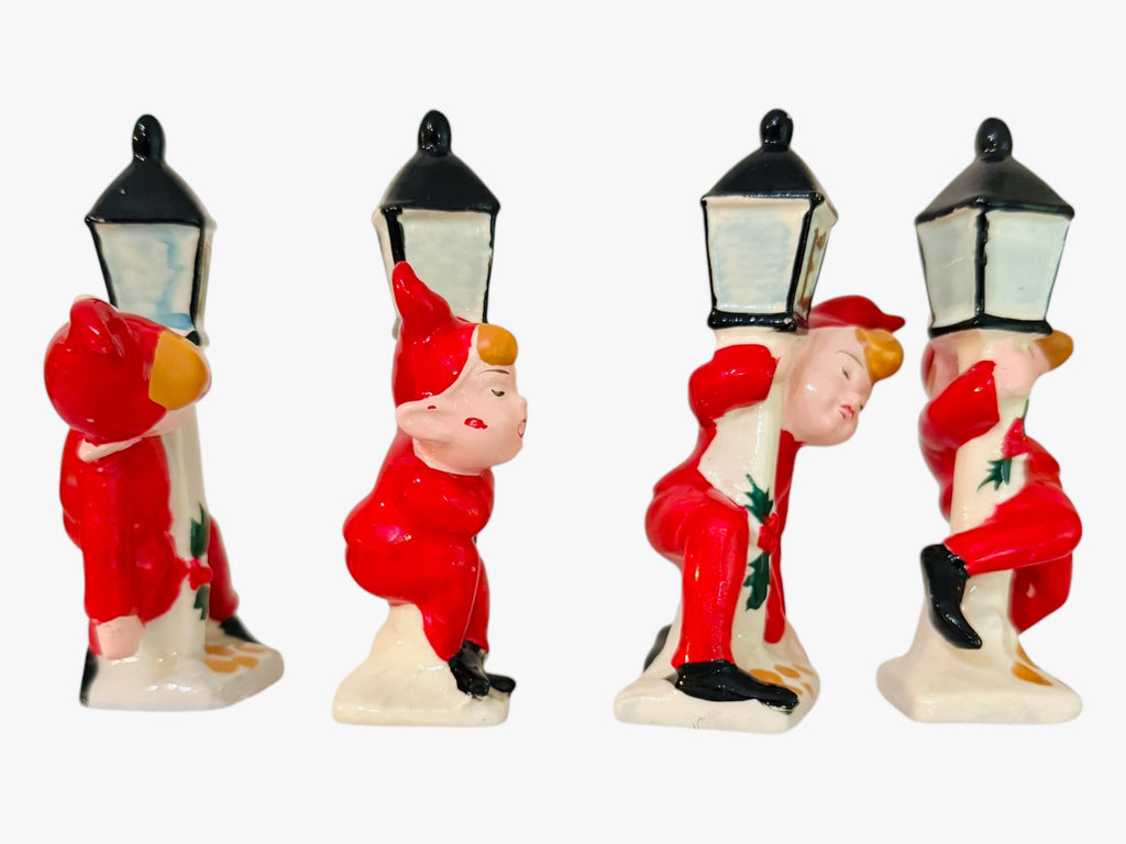 Rare Vintage Christmas Lipper & Mann 1950s NOEL Drunken Pixie Elves Lamppost Figurine Set with BOX MCM Japan