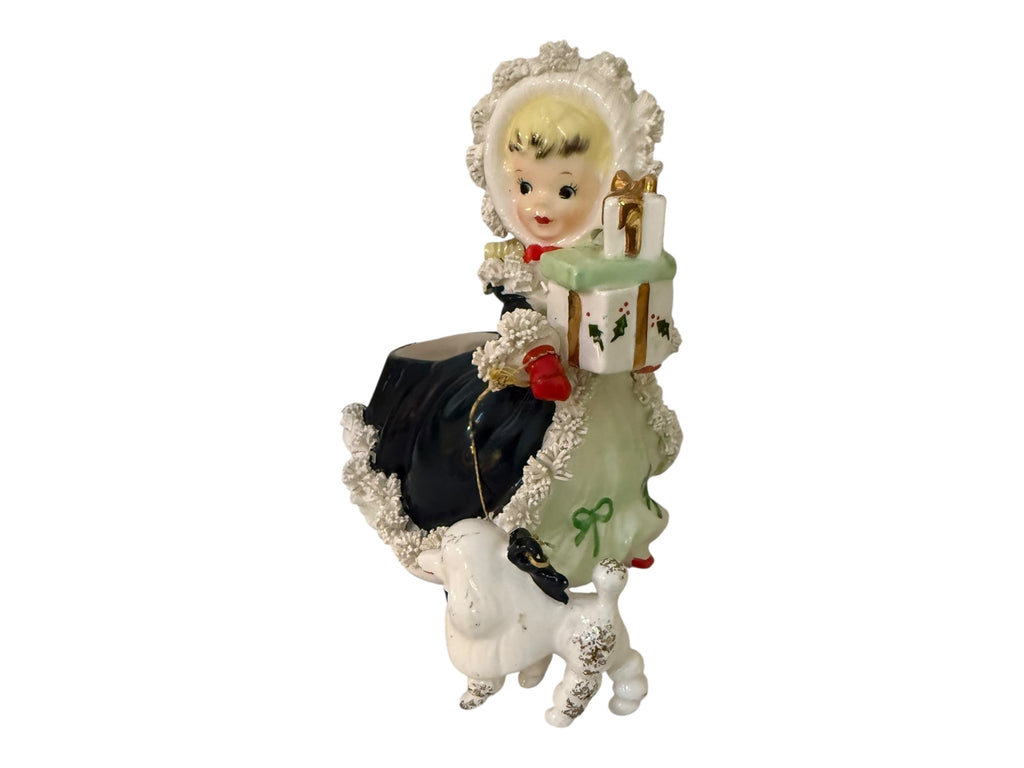 Vintage Napco Christmas Shopper Girl Planter with Poodle – 1950s