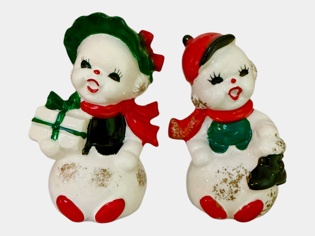 Vintage Napco Christmas Snowman Mr & Mrs Salt and Pepper Shakers Figurines Japan MCM 1950s