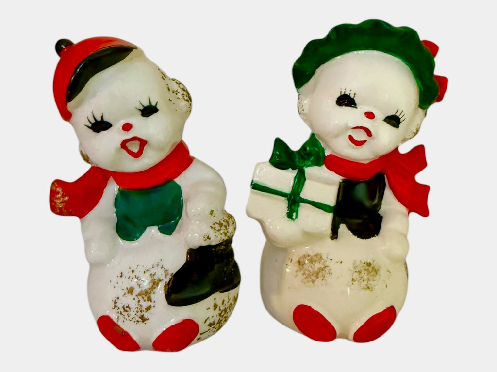 Vintage Napco Christmas Snowman Mr & Mrs Salt and Pepper Shakers Figurines Japan MCM 1950s