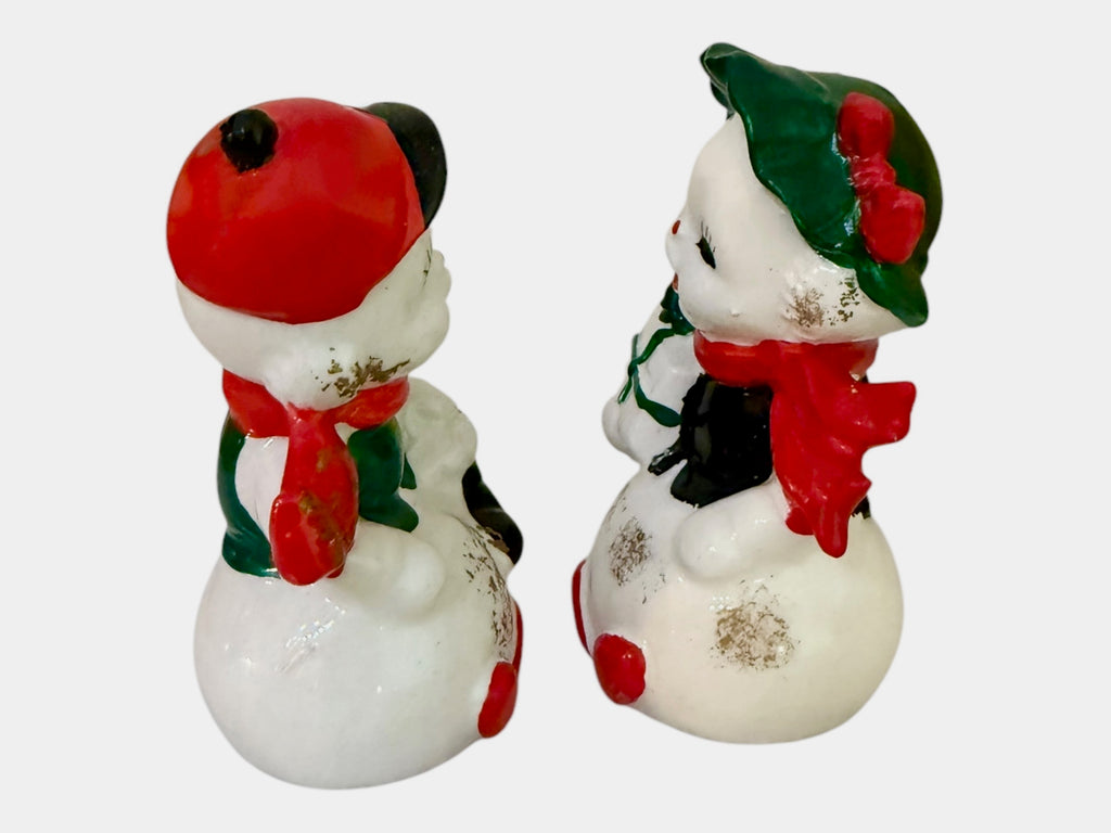 Vintage Napco Christmas Snowman Mr & Mrs Salt and Pepper Shakers Figurines Japan MCM 1950s