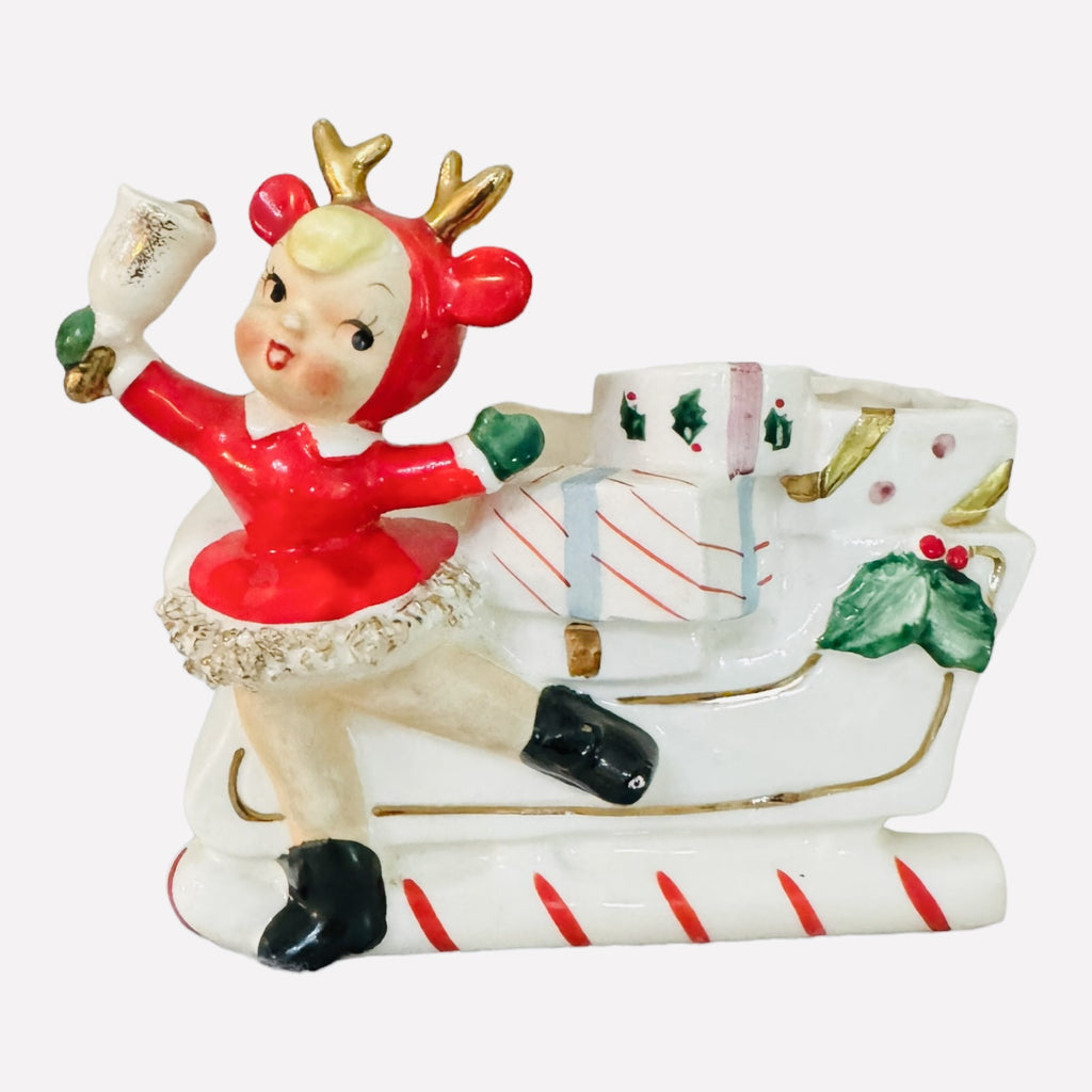 Vintage Christmas Relpo Rubens Skater Girl Reindeer Candy Cane Planter Sleigh Japan